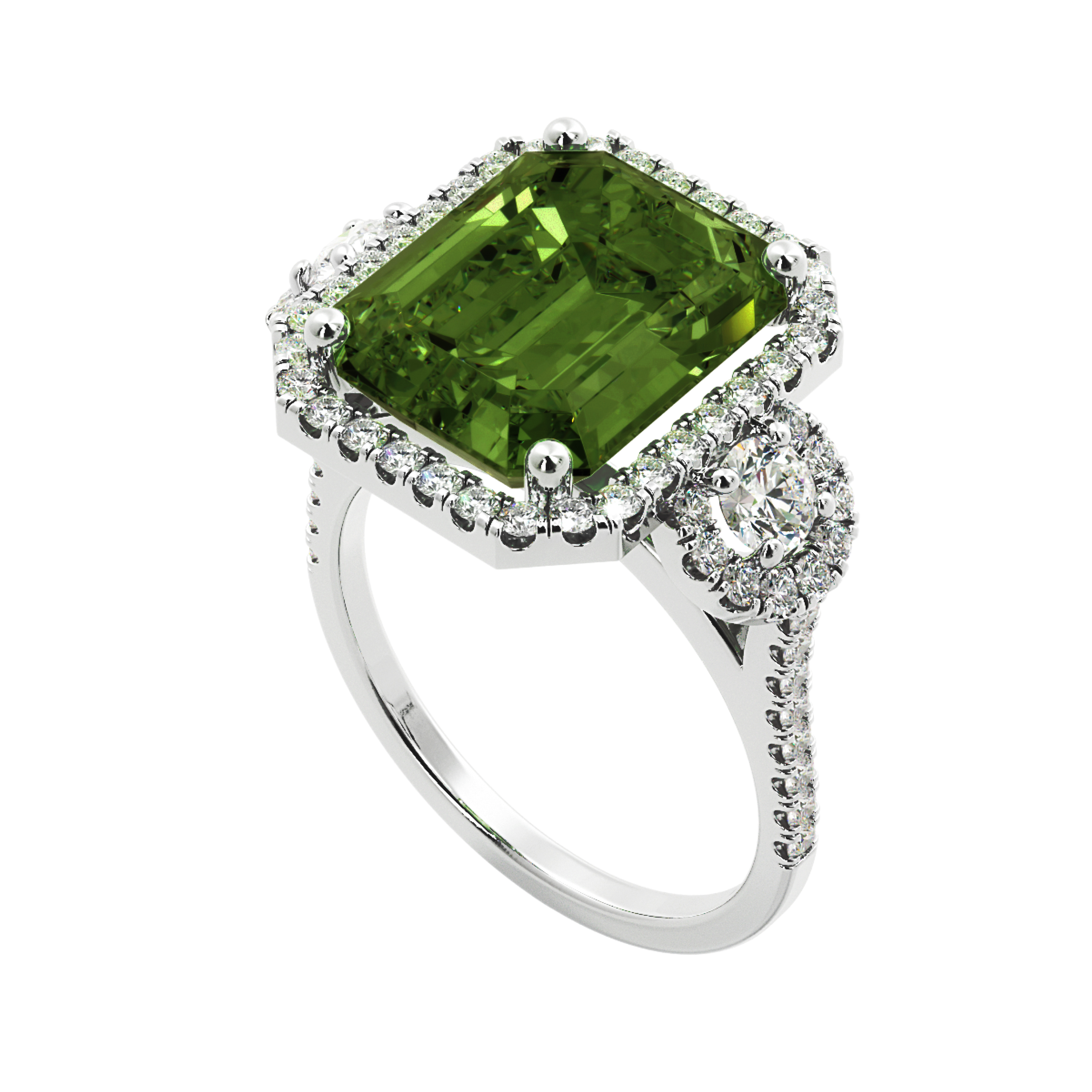 A three-stone diamond ring in 18k gold resting on cream silk at the LW atelier